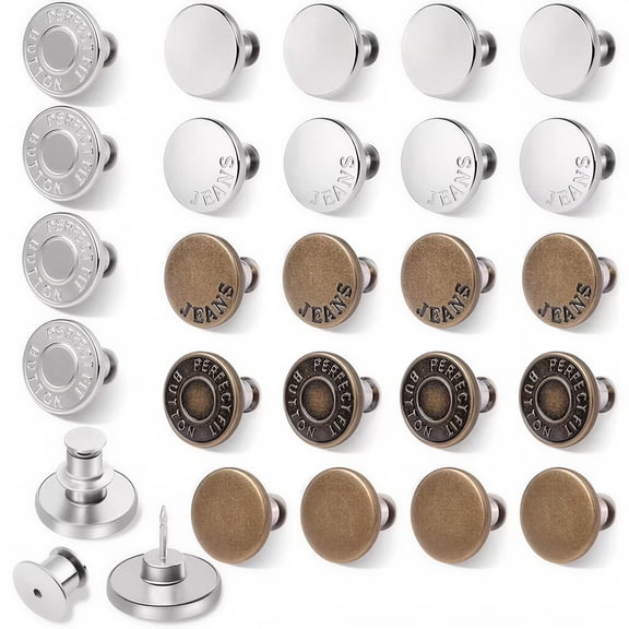 24 PCS Button Pins for Jeans, No Sew and No Tools Instant Replacement Snap Tack Pant Button, Reusable and Adjustable Metal Pants Tightener