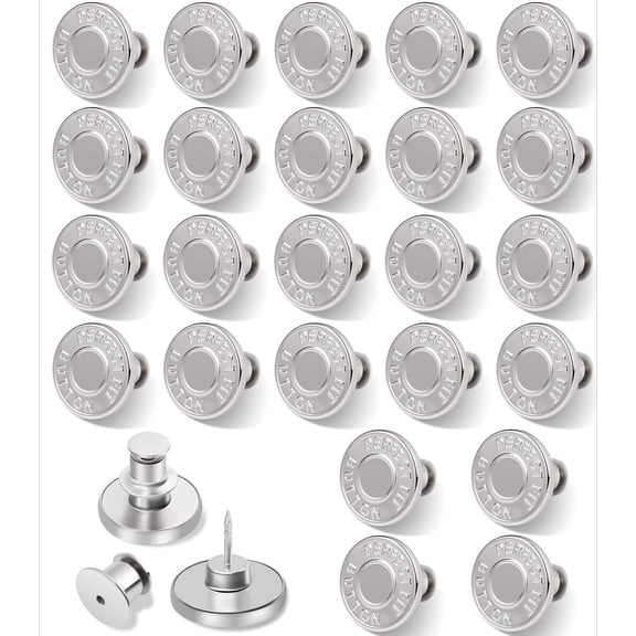 24 PCS Button Pins for Jeans, No Sew and No Tools Instant Replacement Snap Tack Pant Button, Reusable and Adjustable Metal Pants Tightener