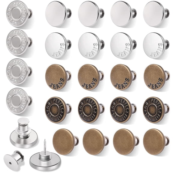 24 PCS Button Pins for Jeans, No Sew and No Tools Instant Replacement Snap Tack Pant Button, Reusable and Adjustable Metal Pants Tightener