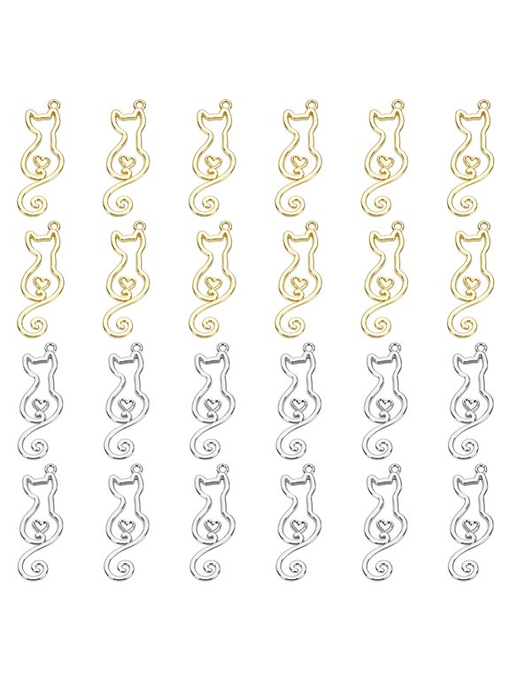 24 PCS Cat Charm Pendants Hollow Cat Shape Charms 0.45x1.33inch Alloy Kitty Pendants