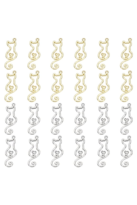 24 PCS Cat Charm Pendants Hollow Cat Shape Charms 0.45x1.33inch Alloy Kitty Pendants