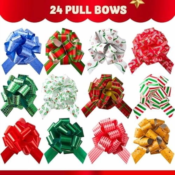 24 PCS Christmas Wrap Ribbon Pull Bows (5" Wide); Easy and Fast Gift Wrapping Accessory for Presents, Bows, Baskets, Wine Bottles Decoration, Xmas Gift Wrapping and Decoration Present