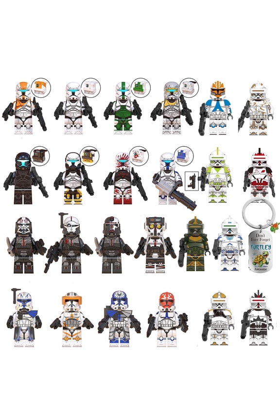 24 PCS Clone Wars Clone Force 99 Minifigures Collectible 1.77 inch Clone Trooper Action Figures Building Blocks Toys Set (Gift - 1PCS Turtle Keychain)