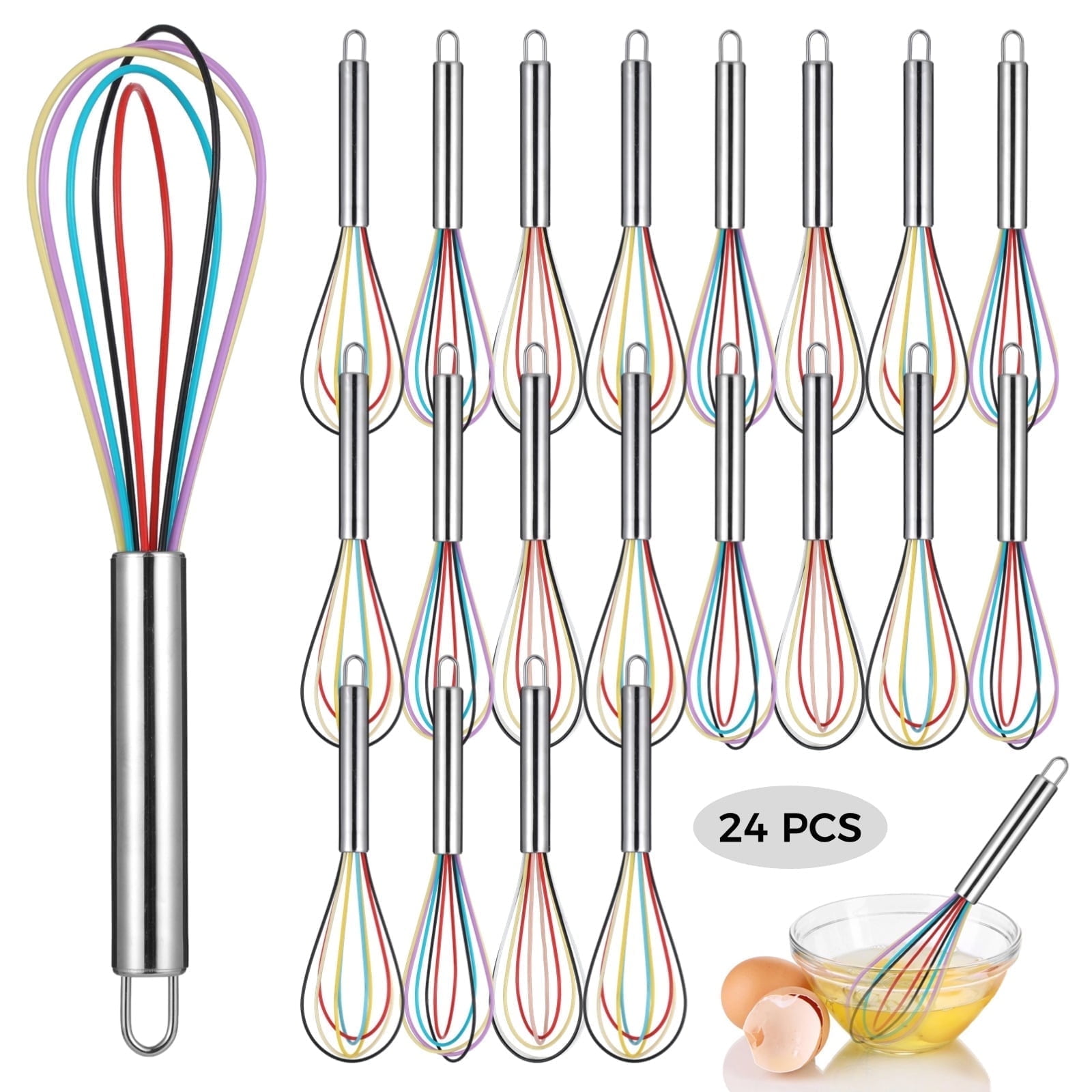 24 Pack Silicone Colorful Whisks (10") - Heat-Resistant 450°F Egg Beaters with Metal Handle for Kitchen, Bulk Non-stick Baking Tools for Restaurants & Meal Prep