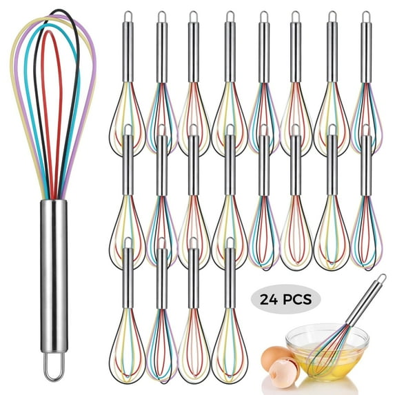 24 Pack Silicone Colorful Whisks (10") - Heat-Resistant 450°F Egg Beaters with Metal Handle for Kitchen, Bulk Non-stick Baking Tools for Restaurants & Meal Prep