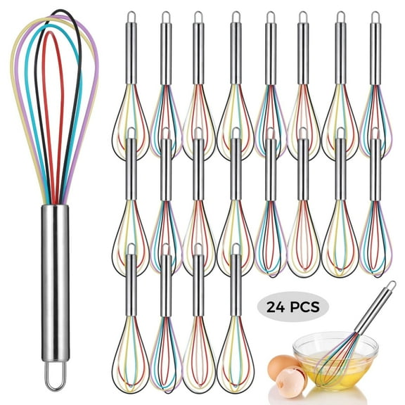 24 Pack Silicone Colorful Whisks (10") - Heat-Resistant 450°F Egg Beaters with Metal Handle for Kitchen, Bulk Non-stick Baking Tools for Restaurants & Meal Prep