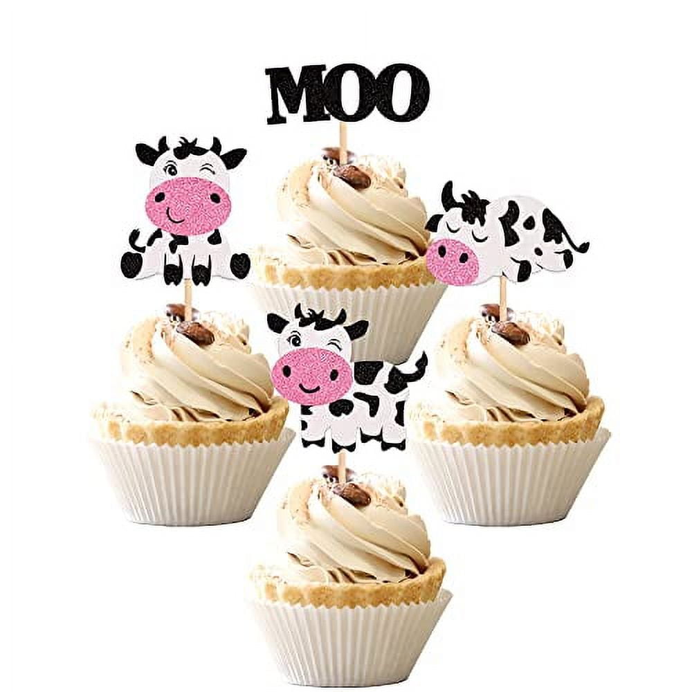 24 PCS Cow Cupcake Toppers Glitter Farm Animals Moo Cupcake Picks Cow