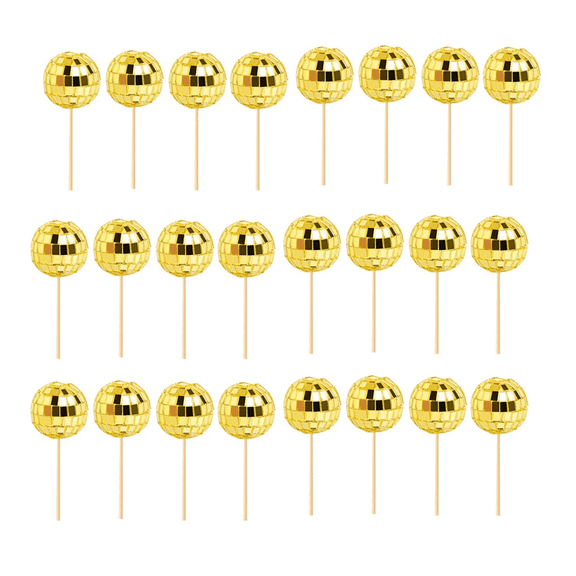 24 PCS Disco Ball Cupcake Toppers Picks Reflective Mirror Cake Decorations Gold