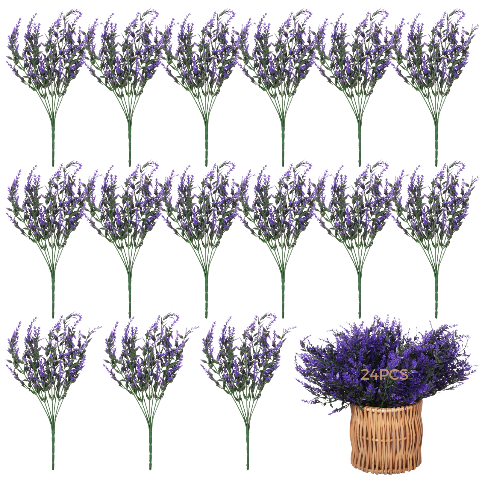 24PCS Fake Lavender Artificial Flowers, Plastic Purple Lavender Bouquet for Wedding, Home, Office Decoration