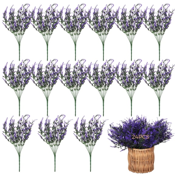 24PCS Fake Lavender Artificial Flowers, Plastic Purple Lavender Bouquet for Wedding, Home, Office Decoration