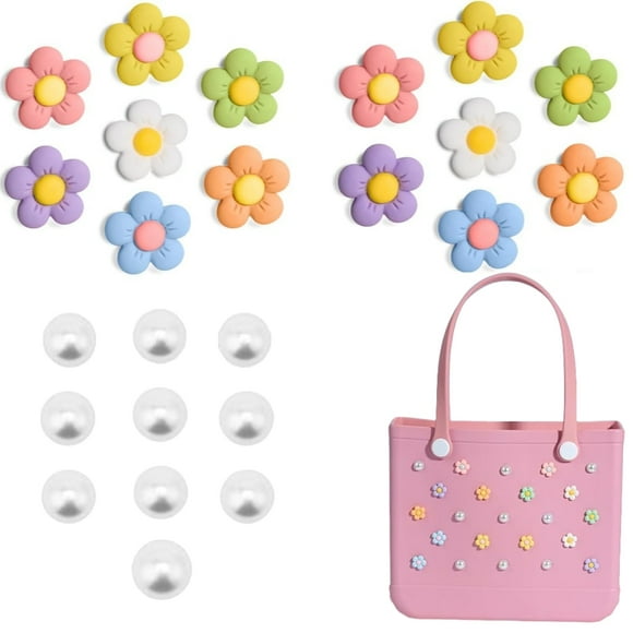 24 PCS Flower Charms Compatible with Bogg BagSimply Southern Totes, Pearl Bag Bits Insert Charm Accessories