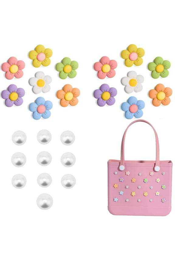 24 PCS Flower Charms Compatible with Bogg BagSimply Southern Totes, Pearl Bag Bits Insert Charm Accessories
