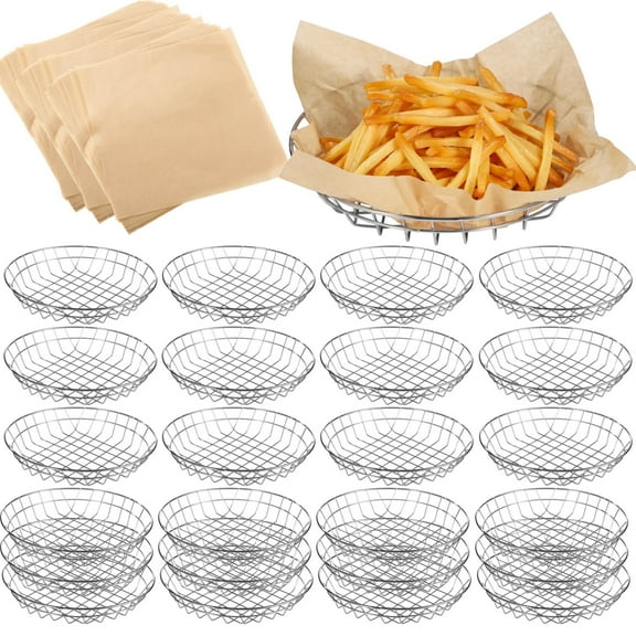 24 PCS Food Serving Wire Baskets, 9.8 x 1.8 in Wire Bread Baskets with 100 Sheets 11.8 in Square Deli Wrapper, Metal Snack Basket with Oil-Absorbing Paper for Restaurant Party(Silver)