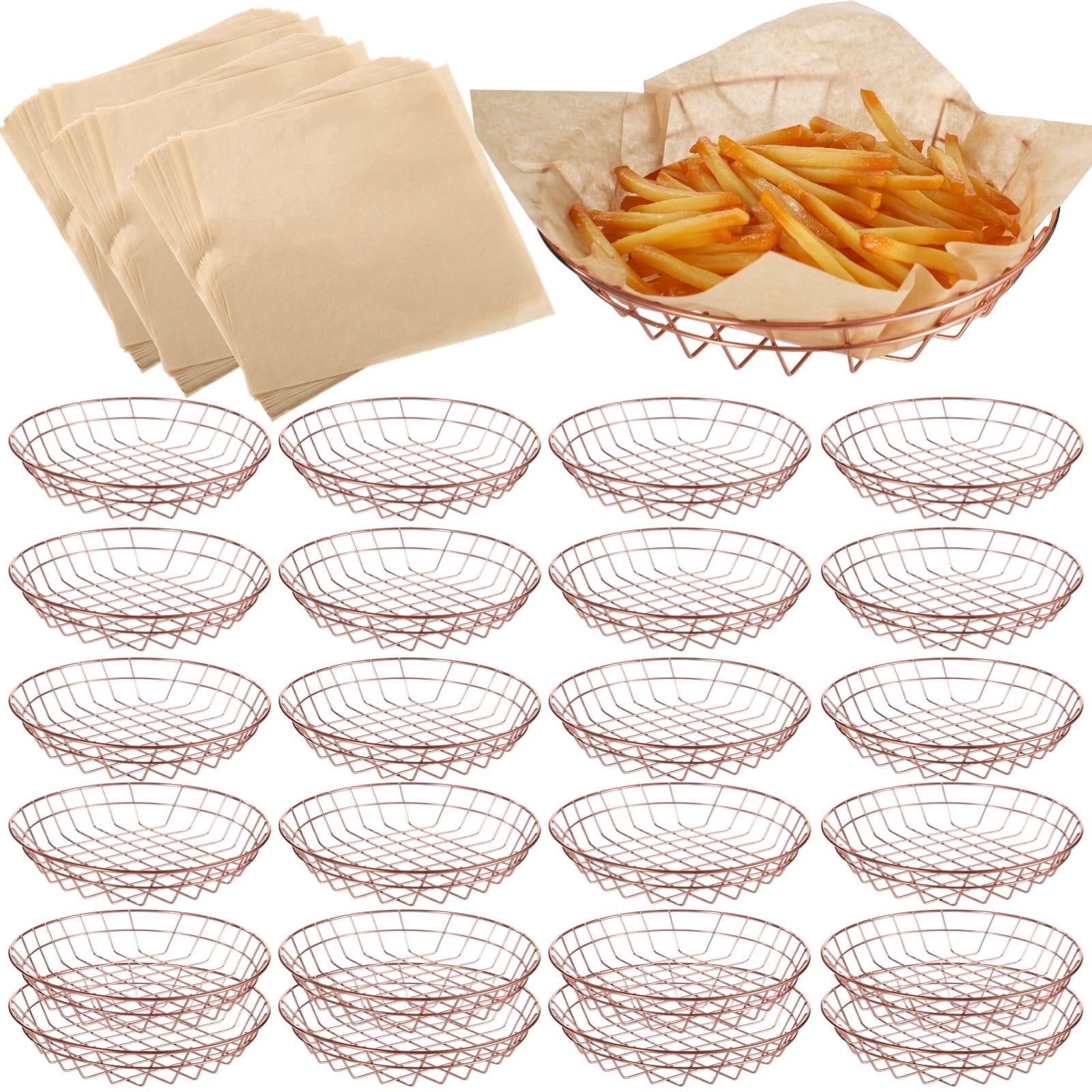 Bulk 24-Pack Gold Wire Serving Baskets, 9.8x1.8 Inch with 100 Deli Papers, Oil-Absorbent Liners, Snack or Bread Baskets for Restaurants, Catering, Events