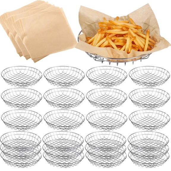 Bulk 24-Pack Metal Wire Serving Baskets, 9.8x1.8 Inch Snack Basket Set with 100 Deli Papers, Oil-Absorbent Liners, for Restaurants, Catering, Party Supplies, Gold