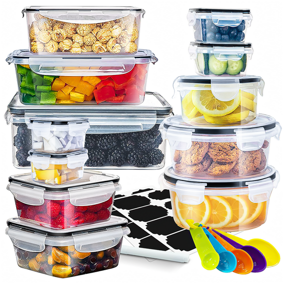 24 PCS Food Storage Containers with Airtight Lids, BPA-Free Plastic Meal Prep & Lunch Containers for Kitchen Organization, Pantry Storage, Includes Free Labels & Marker (12 Containers + 12 Lids)