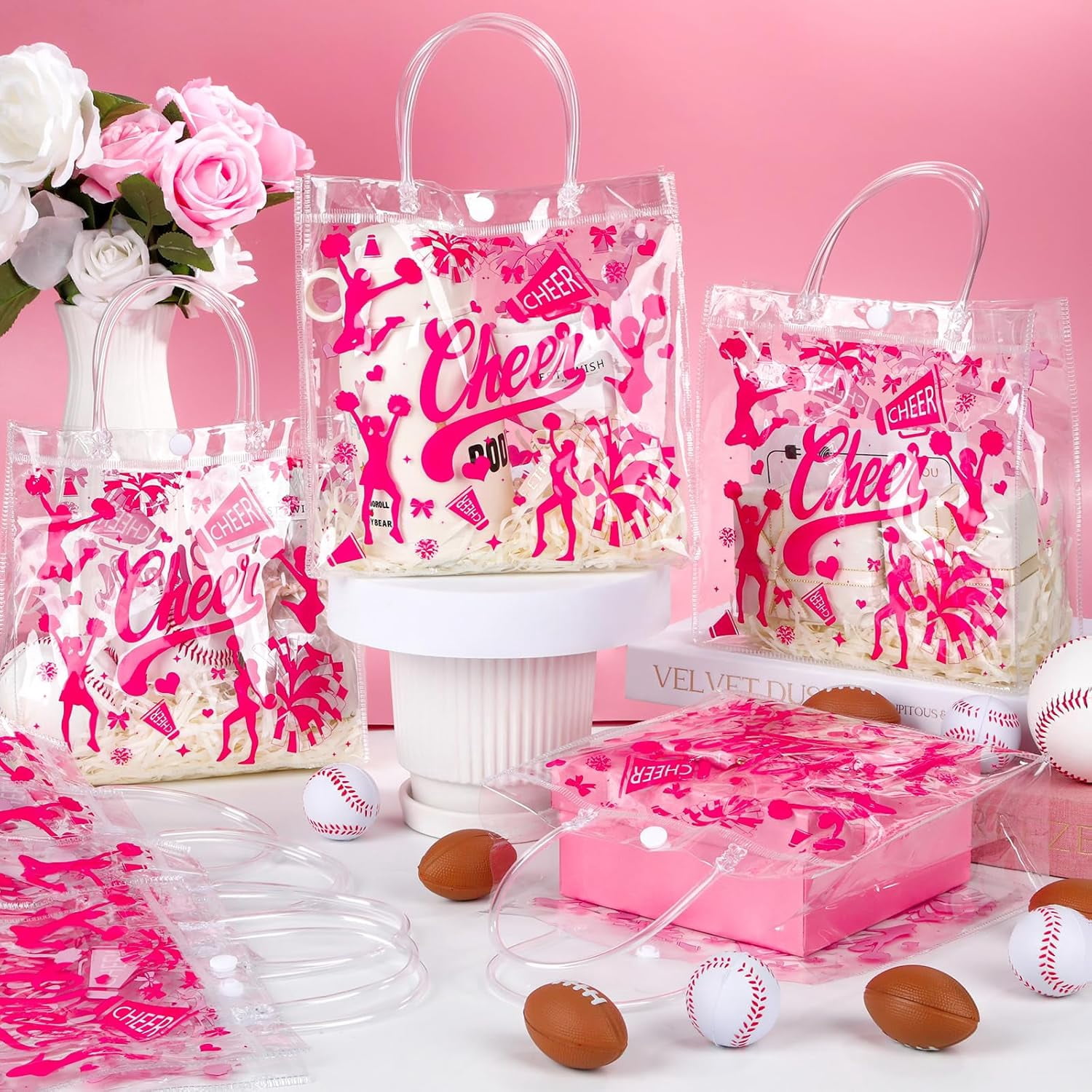 24 PCS Football Goodie Bags Double-Sided PVC Clear Bag Snack Candy Treat Gift Bags with Handle for Super Bowl Party Supplies Football Party Favors Birthday Holiday Decorations