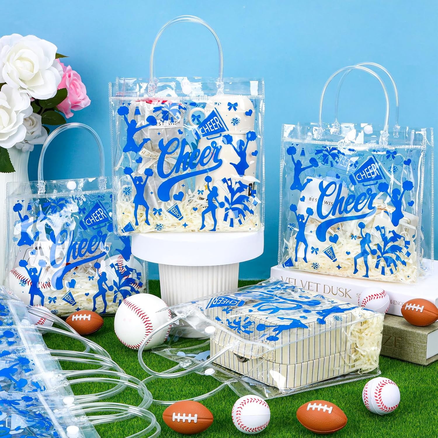 24 PCS Football Goodie Bags Double-Sided PVC Clear Bag Snack Candy Treat Gift Bags with Handle for Super Bowl Party Supplies Football Party Favors Birthday Holiday Decorations