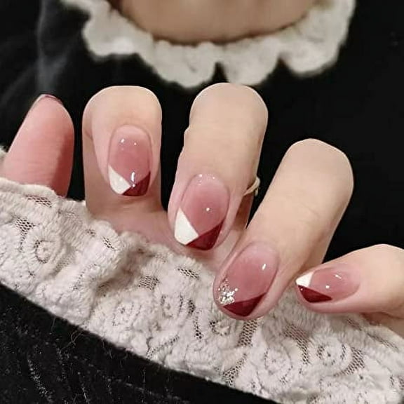 24 PCS French Tip Red Press on Nails Short White Fake Nails Square Glossy False Nail Tips Artificial Finger Manicure for Women and Girls