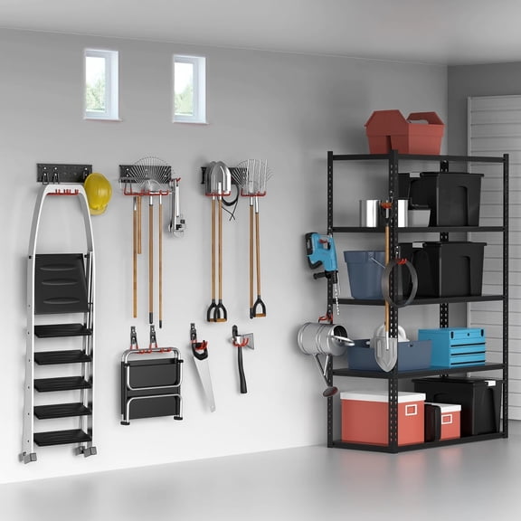 24 PCS Garage Storage Hooks with Tracks, Wall Mount Tool Organizer for Garden Tools, Ladders, Cords, Folding Chairs, Shovels and Rakes, Shelving Hooks for Keyhole Style Shelving Units