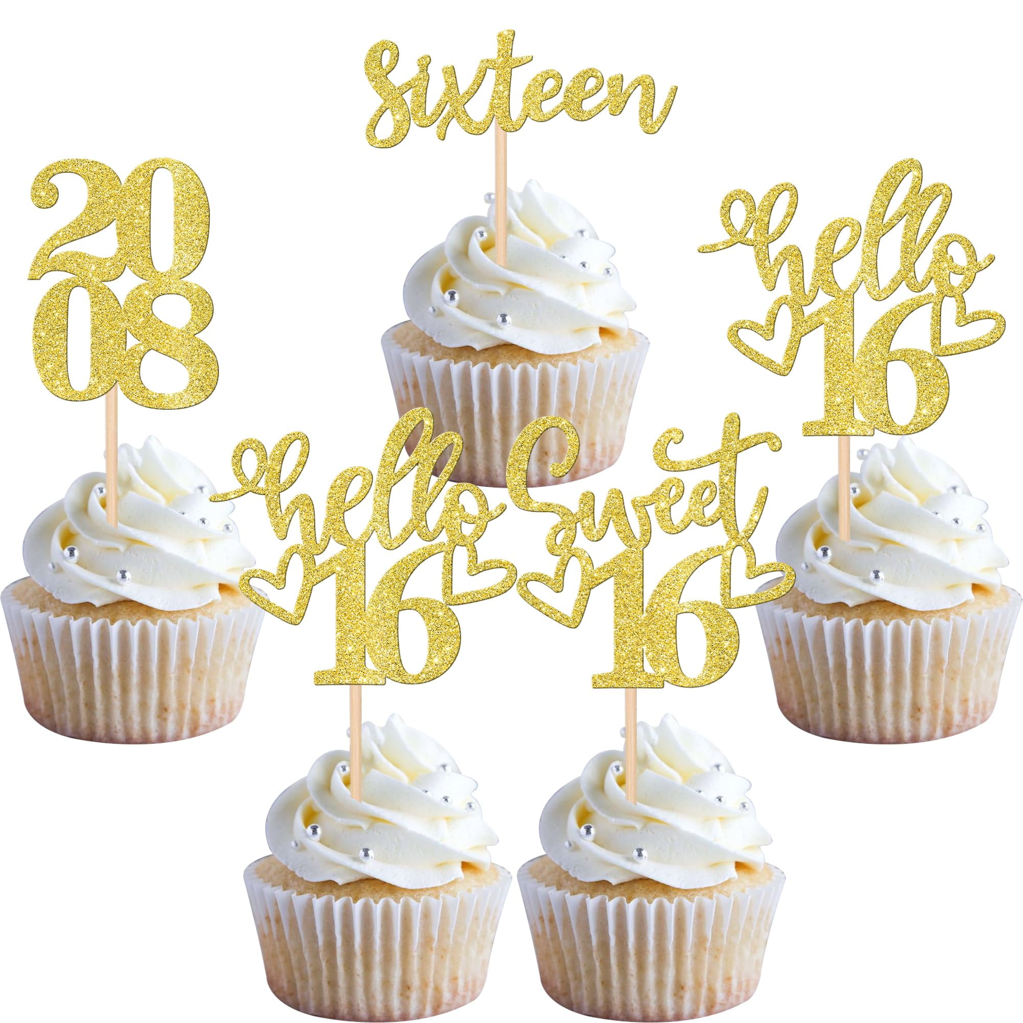 24 PCS Glitter 16th Birthday Cupcake Toppers Hello 16 Sixteen Cupcake Picks Sweet 16 Since 2008 Cupcake Topper for Happy 16th Birthday Anniversary Party Cake Decorations Supplies Gold
