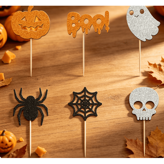 24 PCS Glitter Jack-O-Lantern Cupcake Toppers - Halloween Cake Picks for Kids Party Festival Birthday Decorations