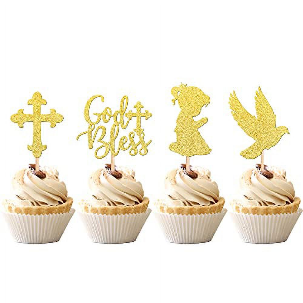 24 PCS God Bless and Cross Cupcake Toppers Glitter Dove Baptism Cupcake