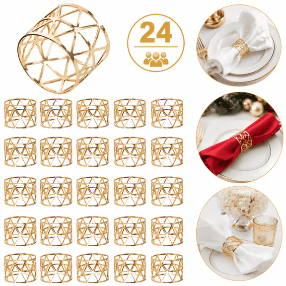 24 PCS Gold Napkin Rings, Hollow Out Reusable Cloth Napkin Holder, Modern Table Setting Decor for Wedding, Anniversary, Birthday, Holiday Party, Candlelight Dinner