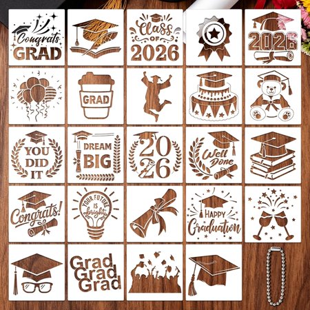 24 PCS Graduation Stencils for Painting on Wood, Reusable Class of 2026 Templates Stencils for Crafts Plastic Spray Paint Stencil for Drawing Fabric Wall Crafts