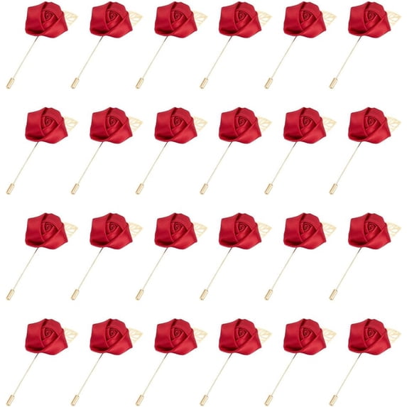 24 PCS Groom Boutonniere Wedding Silk Rose 1.7inch Wide Dark Red Rose Corsages with Pin Rose Lapel Pin Boutonniere Satin Rose Boutonniere Flower for Men's Boutineer Suit Decoration