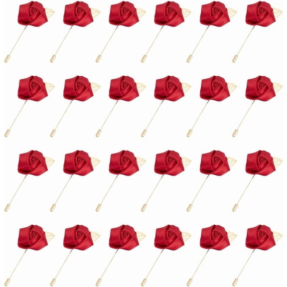 24 PCS Groom Boutonniere Wedding Silk Rose 1.7inch Wide Dark Red Rose Corsages with Pin Rose Lapel Pin Boutonniere Satin Rose Boutonniere Flower for Men's Boutineer Suit Decoration for DIY