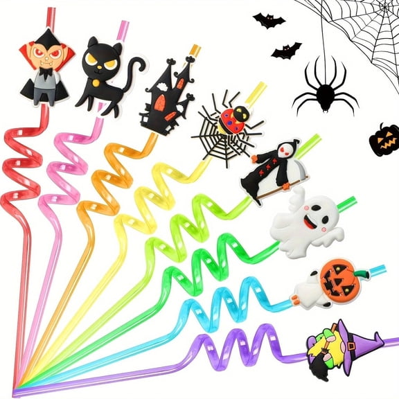 24 PCS Halloween Drinking Straws Reusable Pumpkin Skull Ghost Vampire Witch Plastic Beverages Cocktail Straw with Cartoon Decoration for Kids Halloween Party Supplies for Birthday Party Favors