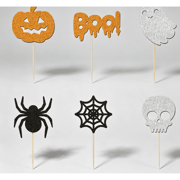 24 PCS Halloween Festival Glitter Jack-O-Lantern Cupcake Toppers - Kids Birthday Party Cake Decor