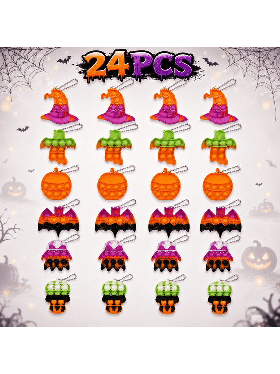 24 PCS Halloween Mini Pop Fidget Keychain Toys, 6 Assorted Shapes with Ball Chains, Party Favors, Goodie Bag Stuffers and Classroom Prizes