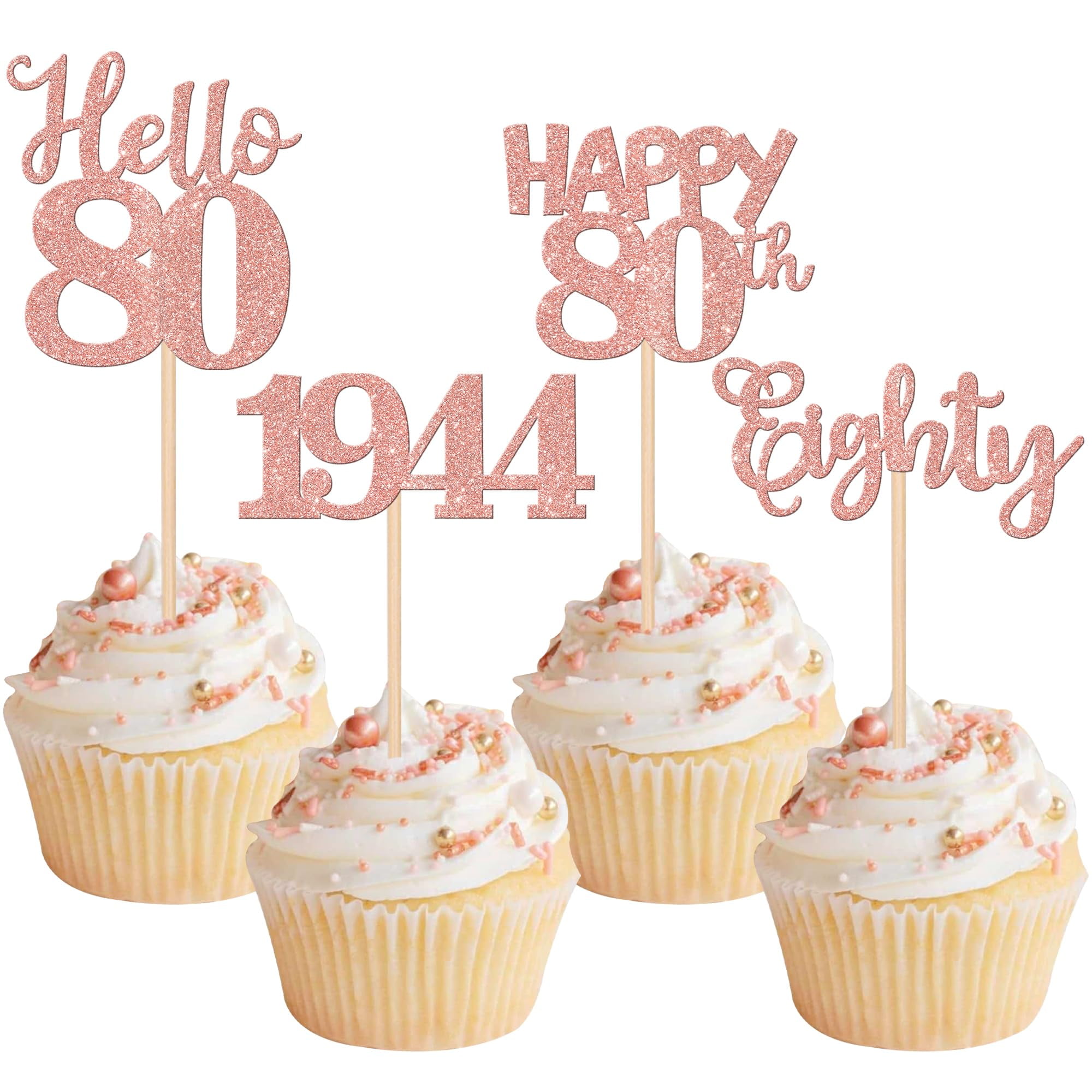 24 PCS Happy 80th Birthday Cupcake Toppers Glitter Hello 80 Cupcake Picks Eighty Since 1944 Cupcake Decorations for 80th Birthday Anniversary Retirement Party Cake Decoration Supplies Rose Gold