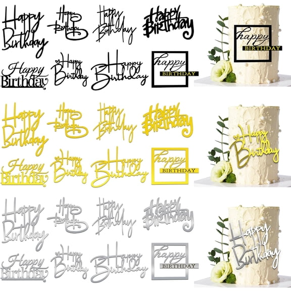 24 PCS Happy Birthday Cake Toppers Mirror Acrylic Side Cake Decorations 8 Styles 3 Colors