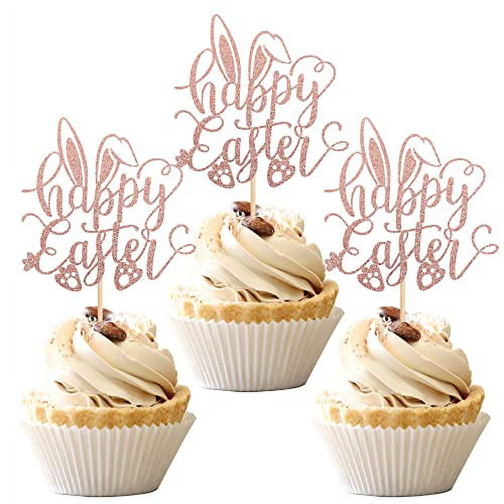 24 PCS Happy Easter Cupcake Toppers Glitter Easter Rabbit Cupcake Picks Decorations for Happy Easter Day Theme Baby Shower Kids Birthday Party Supplies Rose Gold