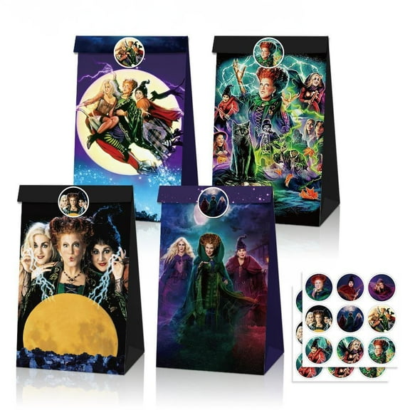 24 PCS Hocus Pocus Paper Bags and 36 PCS Sticker Hocus Pocus Theme Party Paper Gift Bags with Handle for Birthday Party Favor Treat Goodie Bags Party Decoration Supplies (8.6*4.7*3.1 IN)