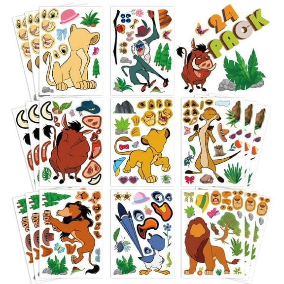 24 PCS The Lion King Stickers DIY Kids Stickers with Changeable Faces Mixed & Matched with 8 Designed Characters Stickers for Party Decoration, Reward, Decor, Gift Idea