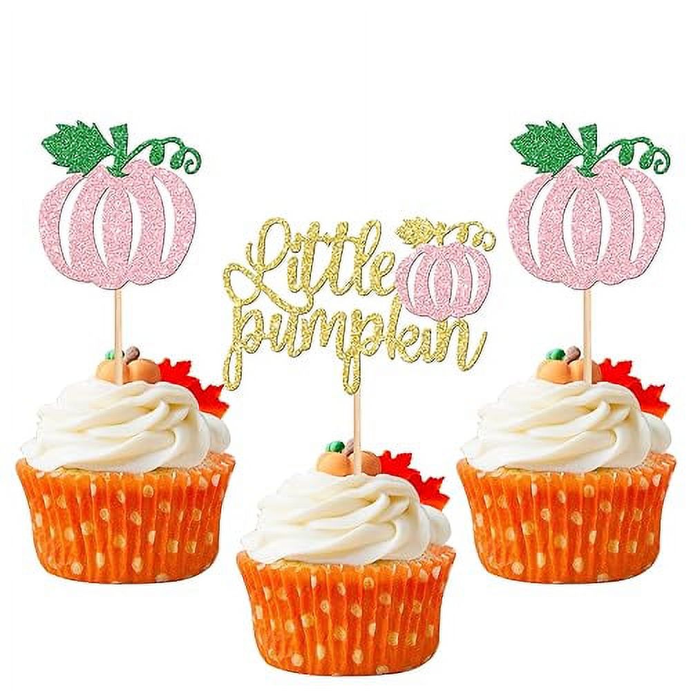 24 PCS Little Pumpkin Cupcake Toppers Glitter Fall Theme Pumpkin