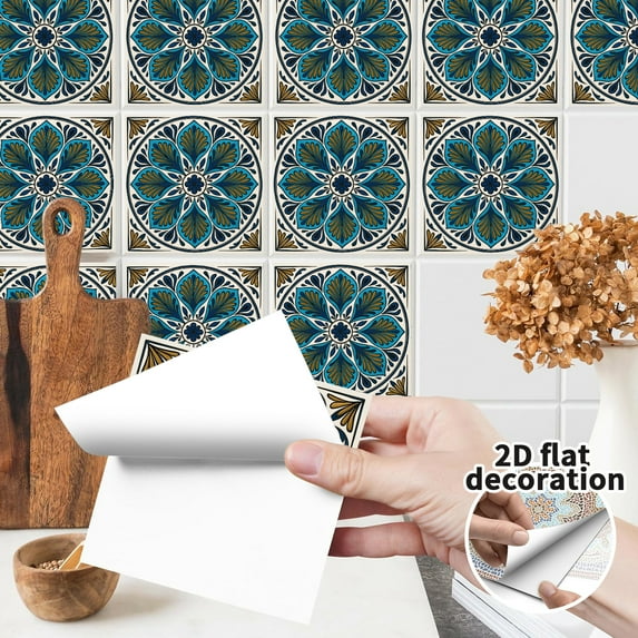 24 PCS Mandala Style Tile Sticker, 7.87x7.87 Inch(20x20cm) Traditional DIY Murals, Tile Waterproof Oil Proof Removable Decals for Bathroom & Kitchen Backsplash Oil Proof Wall Stickers