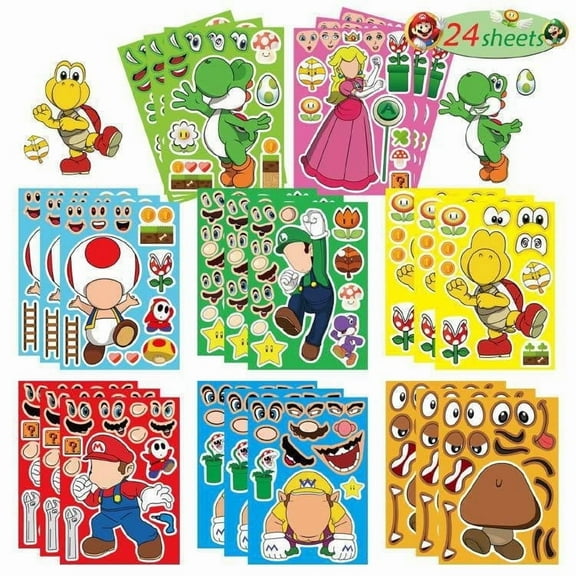 24 PCS Mario Stickers DIY Kids Stickers with Changeable Faces Mixed & Matched with 8 Designed Characters Stickers for Party Decoration, Reward, Decor, Gift Idea