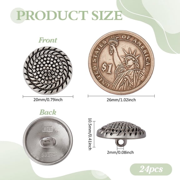 24 PCS Metal Blazer Button Set 20mm in Diameter Round Alloy Shank Buttons with 2mm Hole for Garment Accessories Flat Round Swirl Pattern Embellishment for Sewing DIY Clothes Decoration