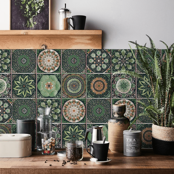 24 PCS Moroccan Boho Mandala Wall Tile Stickers Peel and Stick, 6x6 Inch Self-Adhesive Waterproof Vinyl Decals Wall Backsplash Decor for Kitchen, Bathroom, Furniture, Stairs