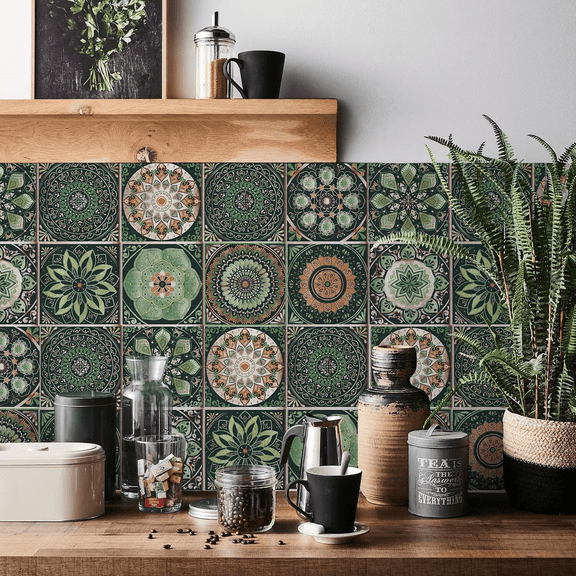 24 PCS Moroccan Boho Mandala Wall Tile Stickers Peel and Stick, 4x4 Inch Self-Adhesive Waterproof Vinyl Decals Wall Backsplash Decor for Kitchen, Bathroom, Furniture, Stairs