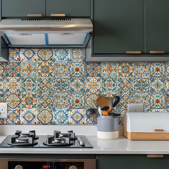 24 PCS Moroccan Style (6x6 in) Decorative Tile Stickers,Self Adhesive DIY Murals Peel and Stick,Tile Waterproof Oil Proof Removable Backsplash Kitchen Bathroom Home Decor