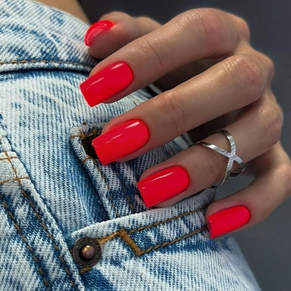 24 PCS Orange Red Press on Nails Short Medium Square Fake Nails Acrylic,Colored Gel Glue on Nails Short Coffin False Nails Set,Varied Sizes For Women Girls Finger Decoration square red 0.03 Fl Oz