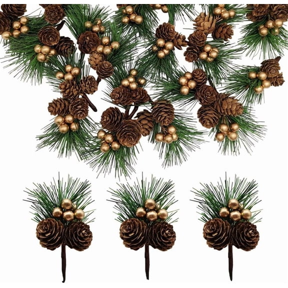 24 PCS Pine Needles Branches with Gold Berry Stems Mini Pinecone Picks for Crafts Holiday Wreath Christmas Tree Ornaments Decor by