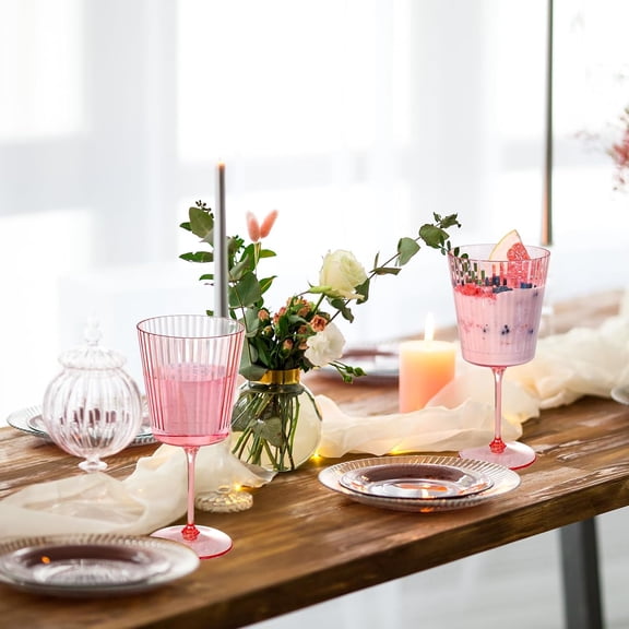 24 PCS Pink Plastic Wine Glasses with Removable Stems 13.5 OZ Ribbed Wine Glass Set Square White Wine Glasses Muted Pastel Colors Goblets Elegant Fluted Glassware for Wedding(Pink, 24 Pack)