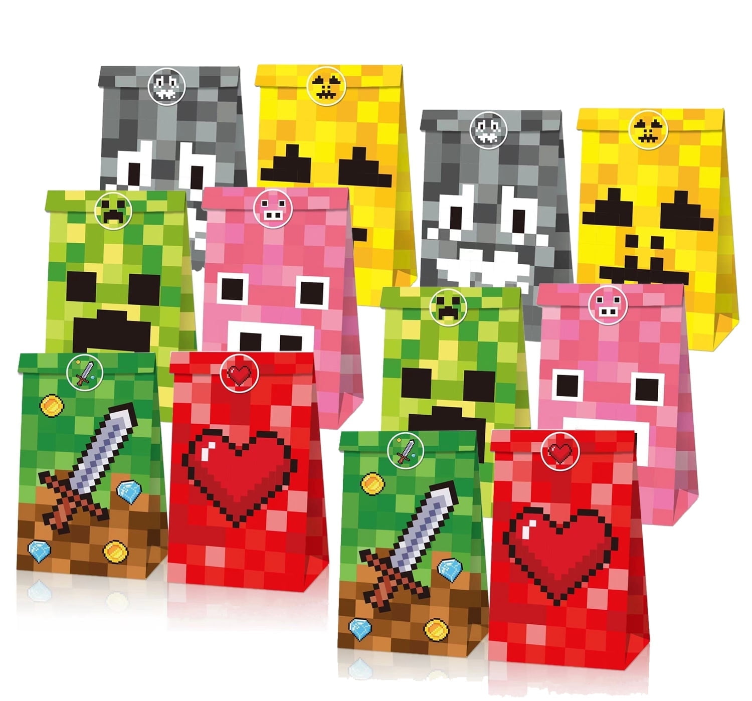 24 PCS Pixel Mining Gift Bags Pixel Style Gamer Party Supplies Minecraft Gift Bags Birthday Party Favor Bags